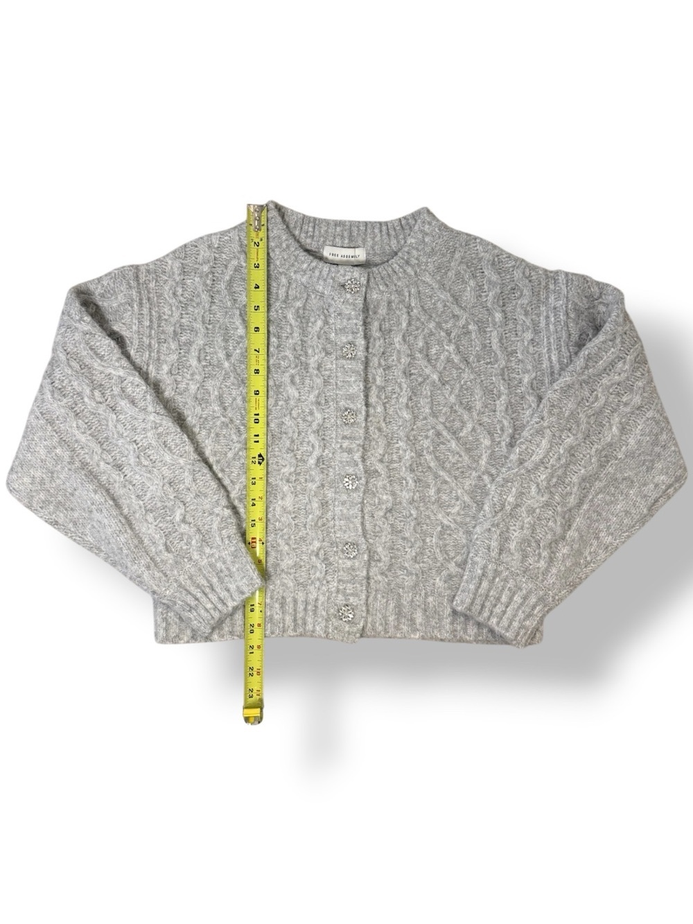 Free Assembly Gray Cable Knit Cropped Cardigan Sweater Medium Rhinestone Buttons - Picture 5 of 8